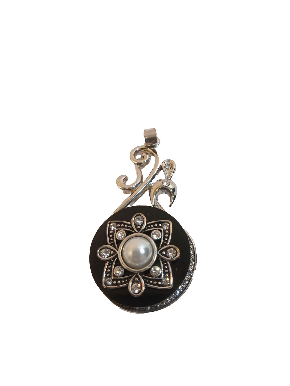 Gingersnap Snap Dark Romantic Antique Styled Pendant Silver Black Rhinestones